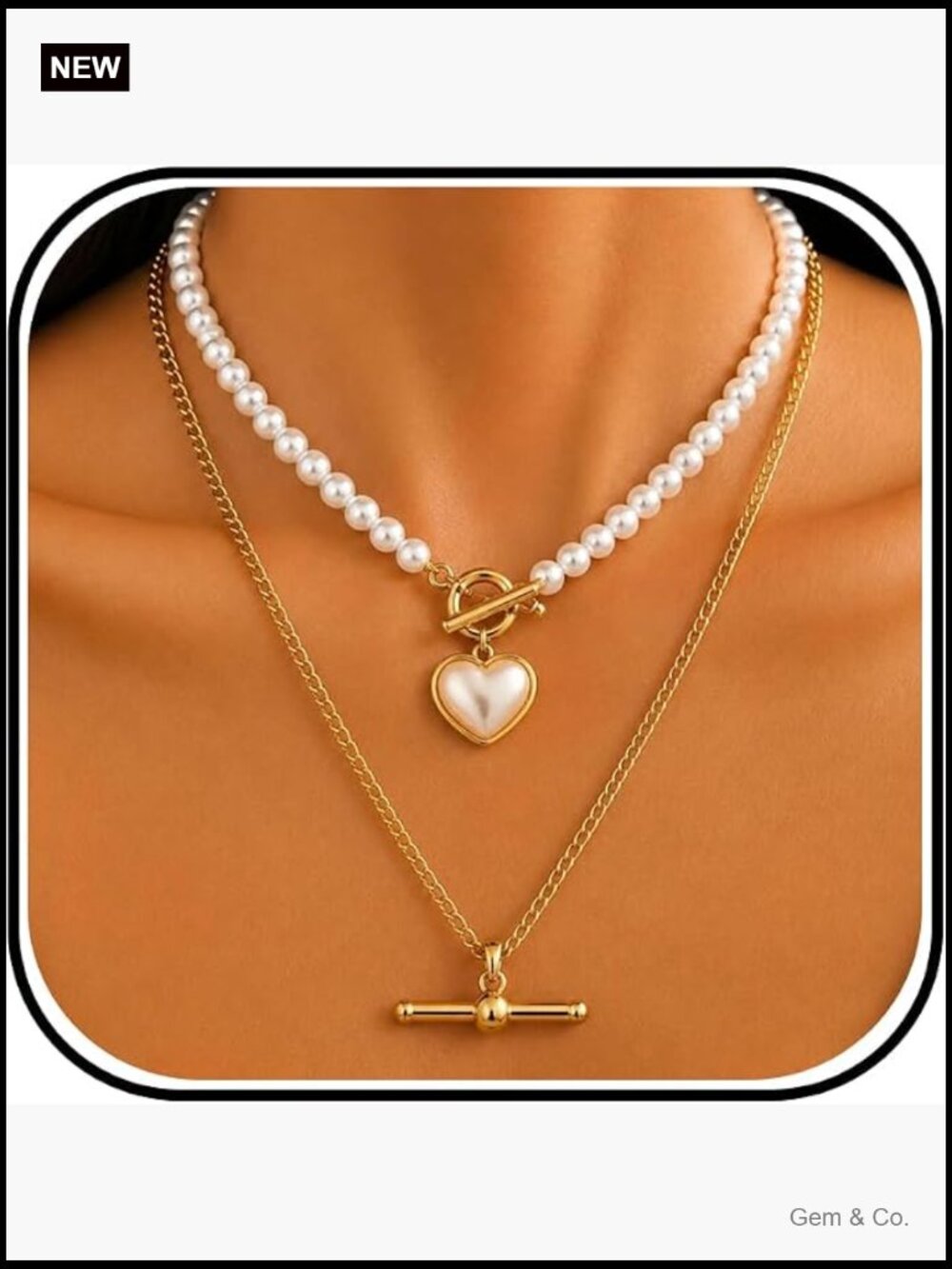 Layered Pearl T Bar Necklace Gold Heart Pendant Women's Trendy Jewelry